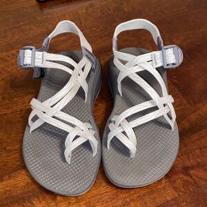 Gray and White Chaco Sandals